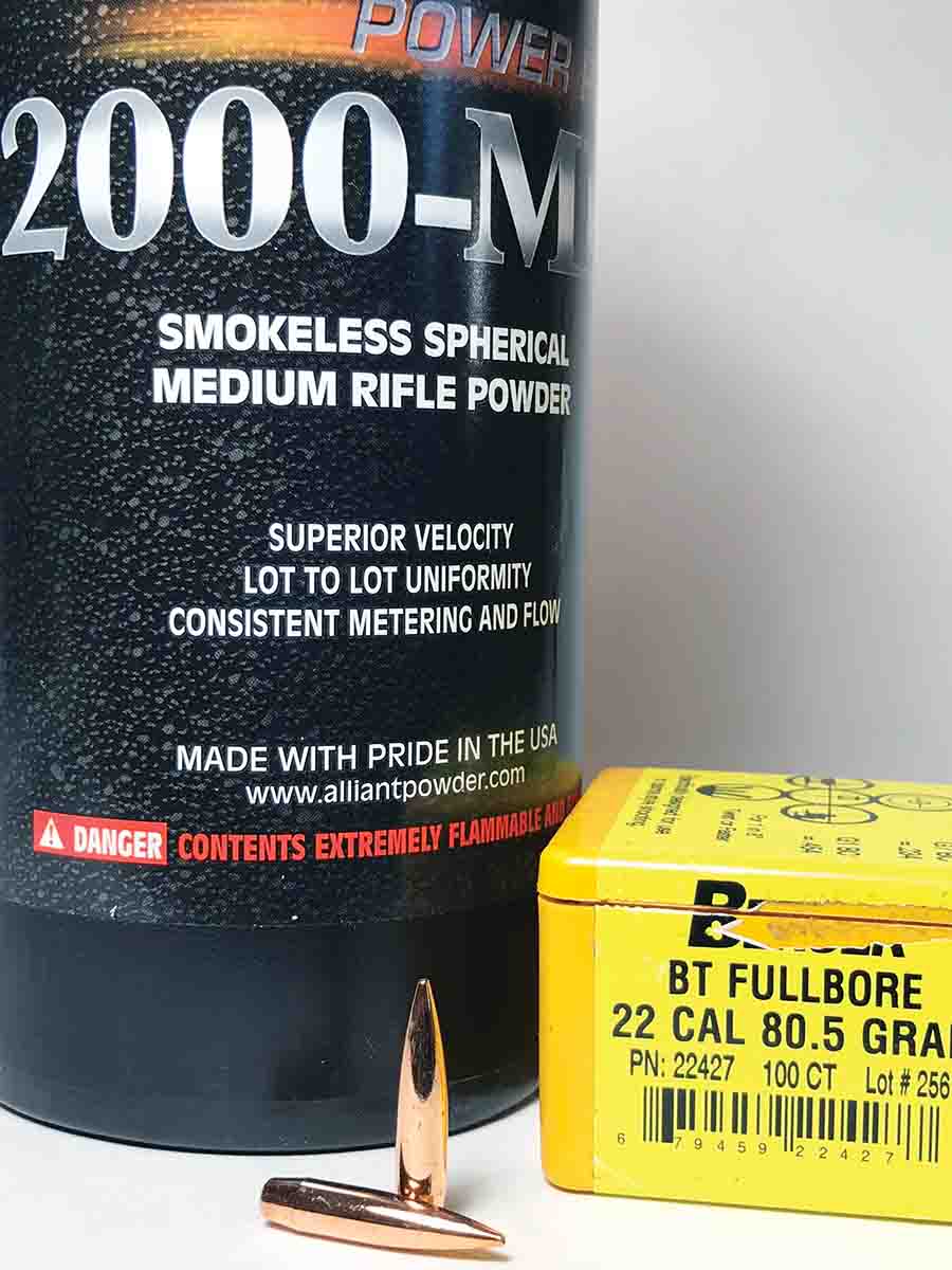 Long and heavy .22-caliber bullets, like the Berger Fullbore 80.5-grain bullet, require a sustained push from slow-burning powders such as Power Pro 2000-MR.